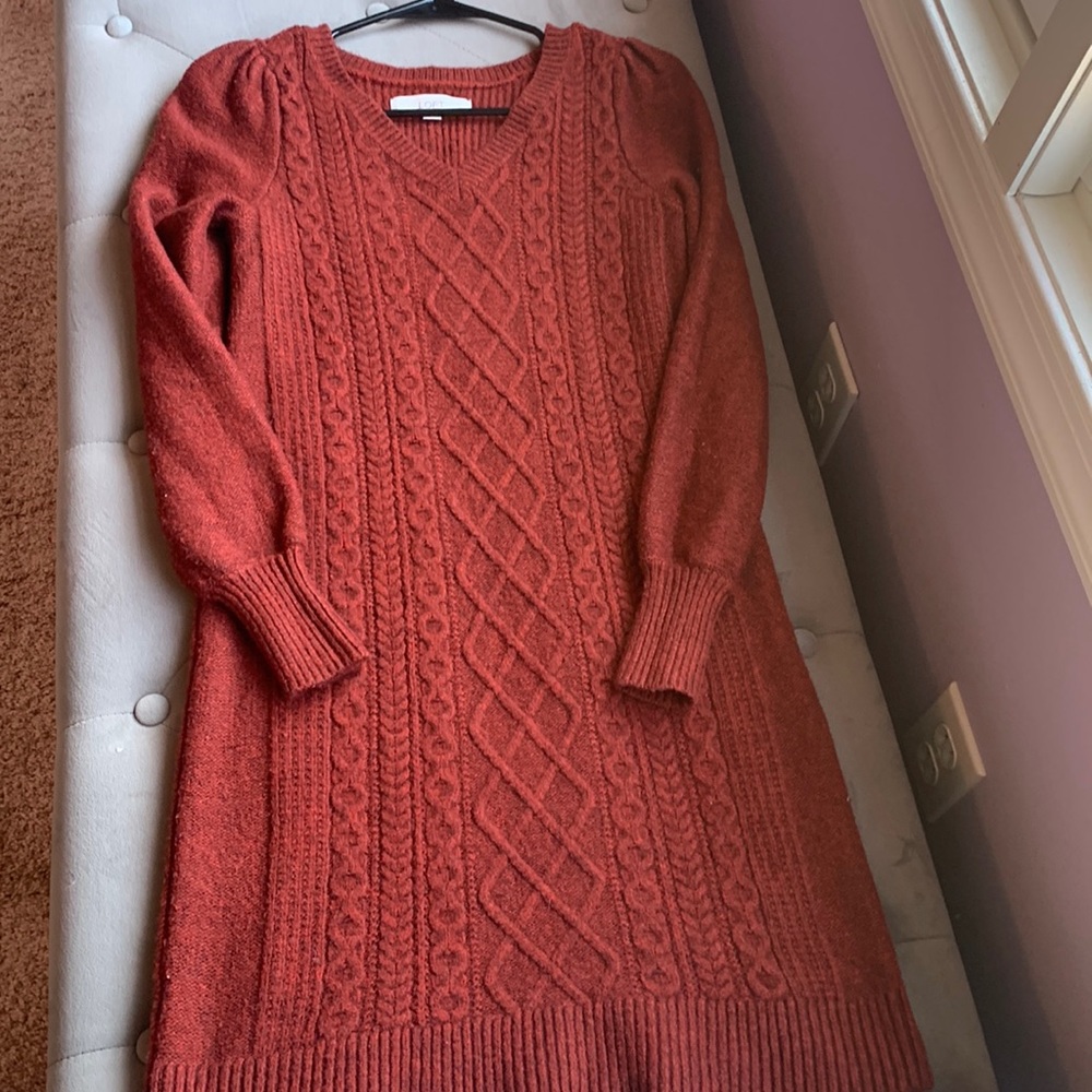 Loft V-Neck Red Cable Knit Sweater Dress- Petite XXS